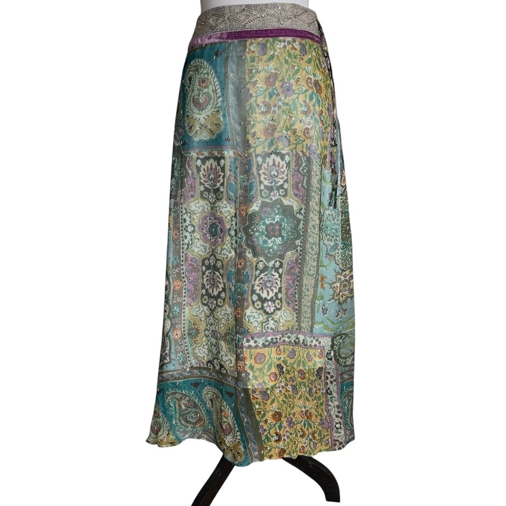 WD-NY Womens 14 Midi Skirt Silk Paisley Lined Sequin Beaded Teal Green Boho